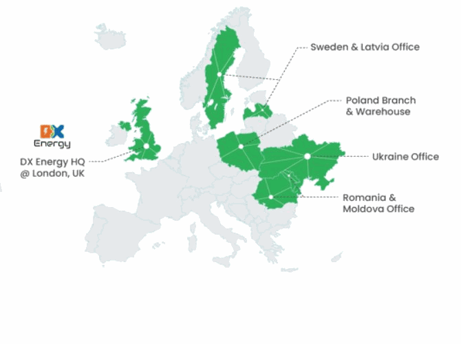 DX Energy business footprint across Europe — offices in the UK, Sweden, Latvia, Poland, Ukraine, Romania and Moldova