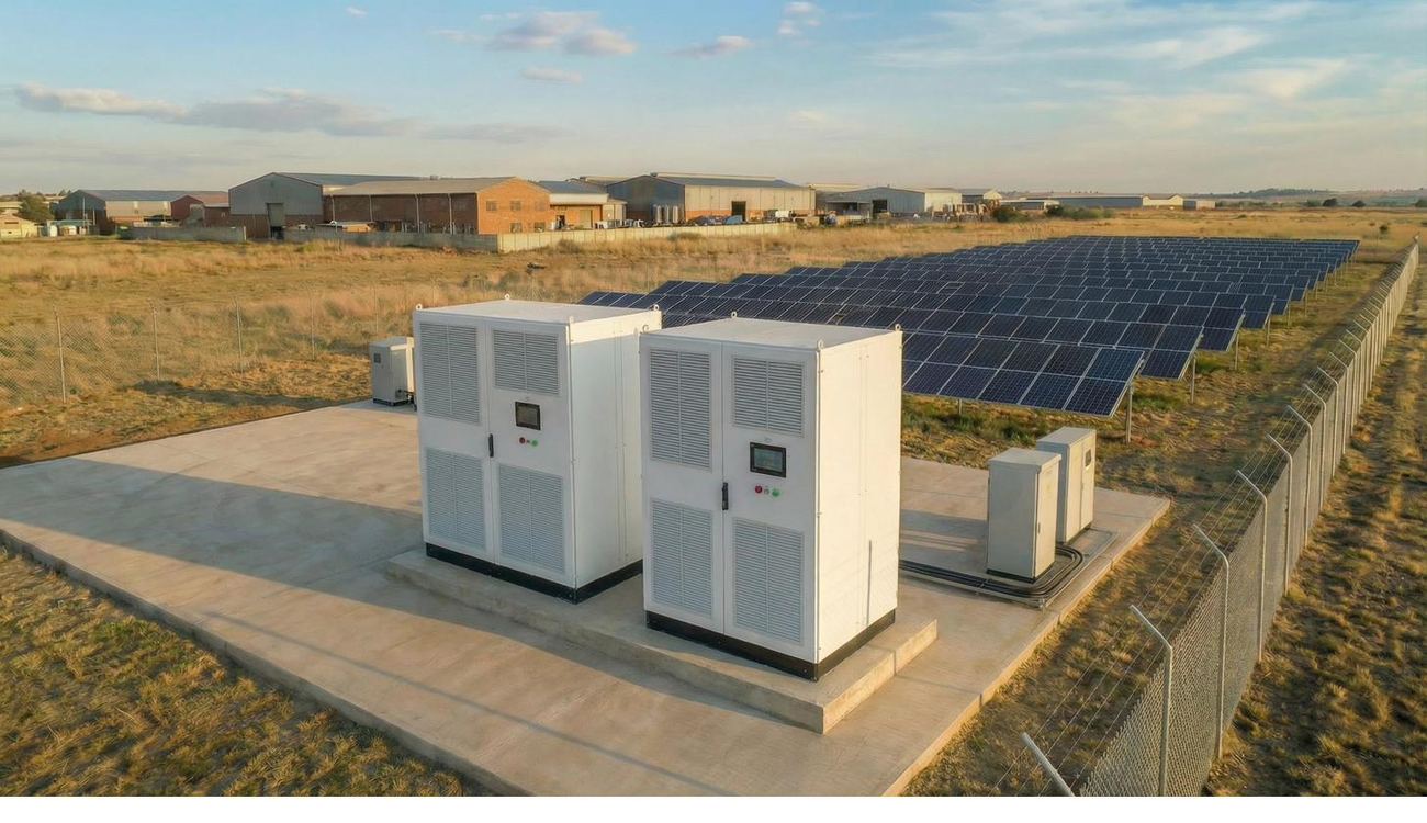 Battery energy storage containers beside a solar farm