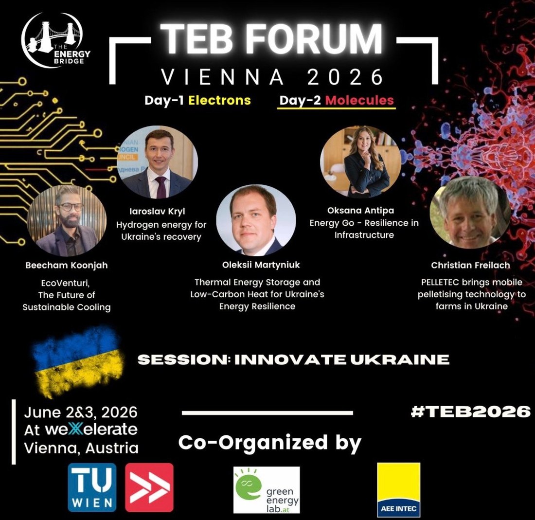 TEB Forum Vienna 2026 — Innovate Ukraine session featuring EnergyGo, with Oksana Antipa presenting Energy Go resilience in infrastructure